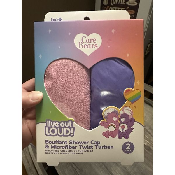 NEW  CARE BEARS BOUFFANT SHOWER CAP & MICROFIBER TWIST TURBAN - 2 Pack