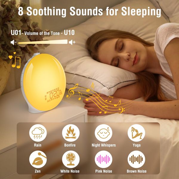 Auriostar Alarm Clocks Bedside lamp - Fullscreen Wake Up Light 18 Colorful Sunrise/Sunset Simulation, 7 Natural Sound+FM Radio Dual Alarms and Snooze Function Atmosphere Lamp