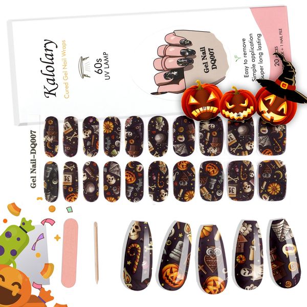 20PCS Halloween Gel Nail Polish Strips, Kalolary Halloween Full Cover Real Gel Nail Stickers Self Adhesive Gel Nail Wraps for Women Girls DIY Nail Art Decorations Salon Home(UV/LED Lamp Required)