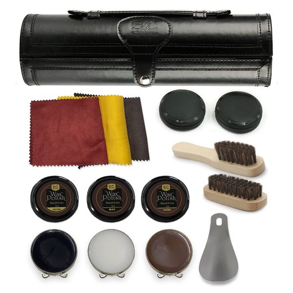 12PC Shoe Polish & Care Kit - Leather Shoe Shine Kit with Brown Wax and Shoe Polish Brush - Compact Shoe Shine Kit, Black