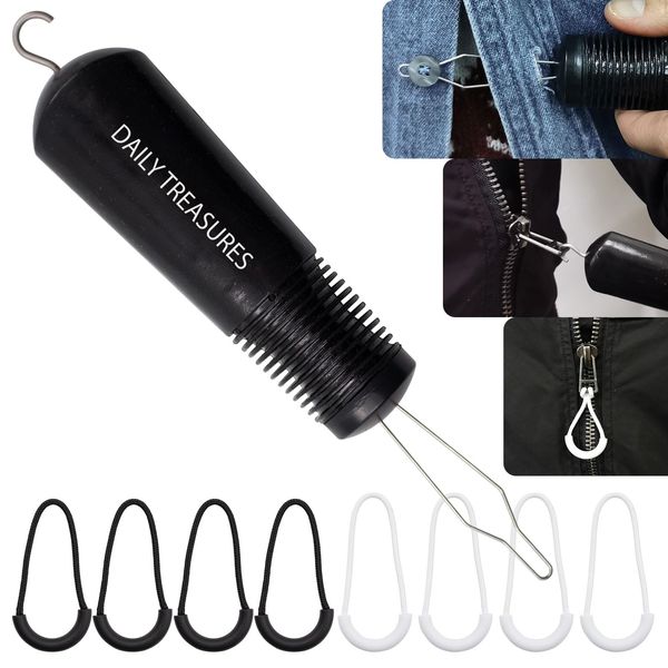 Daily Treasures Button Hook and Zipper Pull Helper with 8Pcs Zipper Pulls, Button Fastener One Hand Buttons aids, Button Assist Device with Non-Slip Ribbed Handle for Seniors and Disabilities