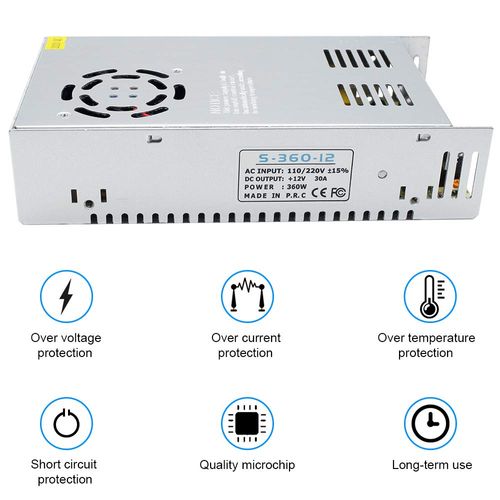 inShareplus 12V 30A 360W, DC Universal Regulated Switching Power Supply, Converter AC 110/220V to DC 12 Volt LED Driver, Transformer, Adapter for LED Strip Light, 3D Printer, Radio, Computer Project