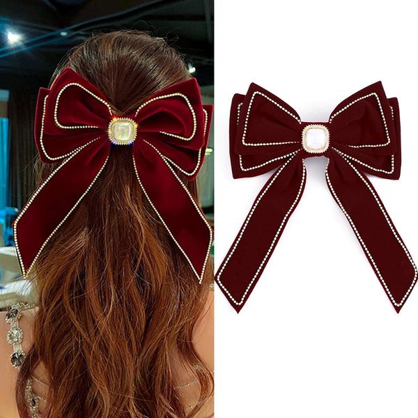 Bohend Groß Haarschleifen Rot Haarschleife mit langem Schleife Strass Haar Klammern Samt Bow-Party Haarschmuck für Frauen und Mädchen