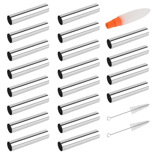 Non-stick Cream Cannoli Tubes, FantasyDay 20 Pcs Stainless Steel Baking Cones Pastry Roll Horn Croissant Mold Cannoli Shells with 3 Clean Brush - Pastry Baking Set for Christmas Cake Anniversary Party