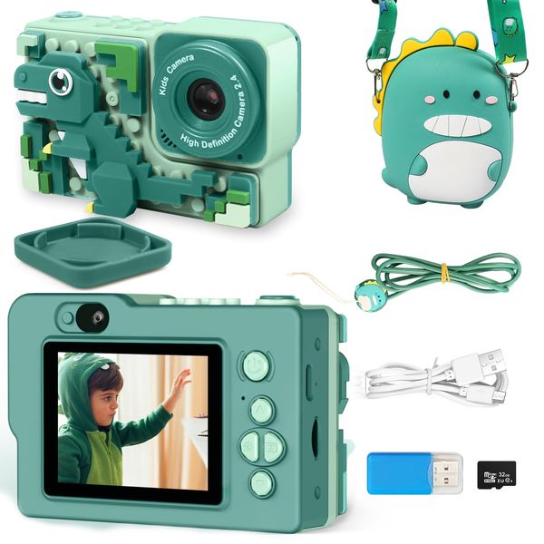 ArtCWK Dinosaur Kids Camera, Children's Camera, 2.4 Inch IPS Large Screen, 1080P HD, 4000W Pixels, 32 GB Memory Card, Children's Digital Camera, Dual Lens, 8x Zoom, Japanese Instruction Manual