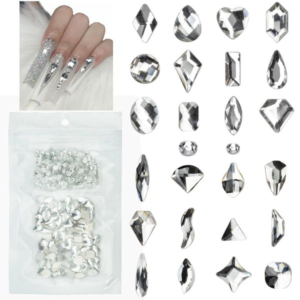 Crystal Clear Nail Rhinestones 120 Multi Shapes Flatback Crystal White Gems +SS10 SS16 Round Beads K9 Glass Stones Diamonds Jewels Nail Art Supplies Nail Charms for Nails Faces Eyes Makeup Crafts DIY