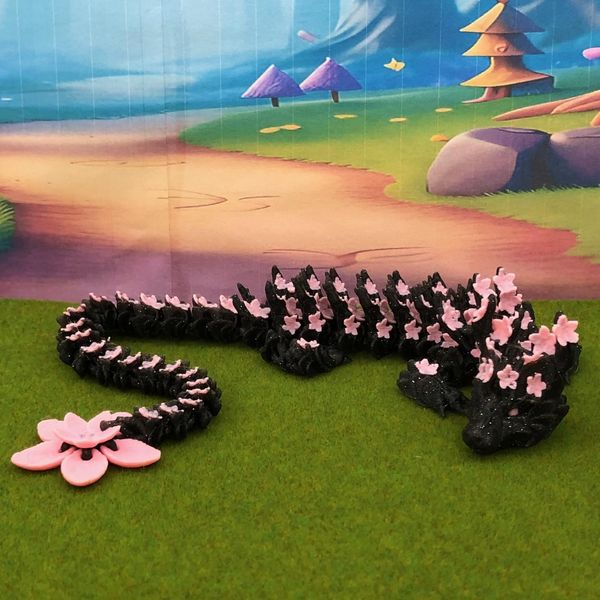 3D Printed Articulated Black and Pink Cherry Blossom Dragon,Fidget ADHD Toy, Executive Desk Toy D028-DR