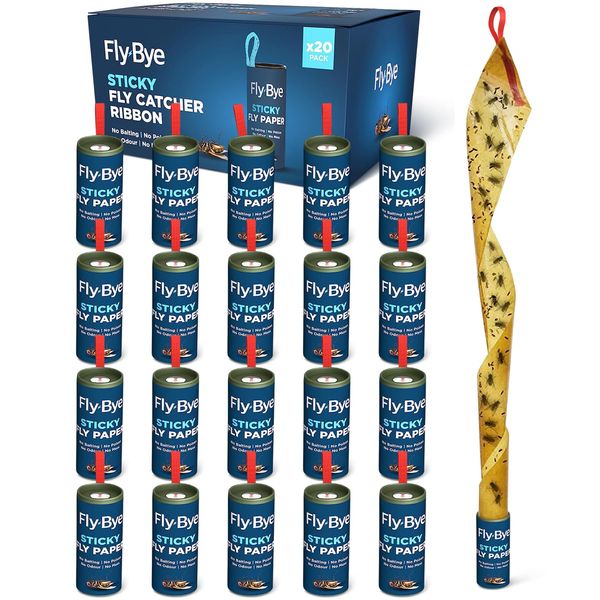 Fly-Bye - 20x Fly Catcher Ribbons - Fly Catcher Indoor - Fly Trap - Fly Paper - Fruit Fly Trap - Sticky Fly Trap - Fly Traps Indoor for Home Use - No Poison/Odour - Environmentally Friendly - 20 Pack