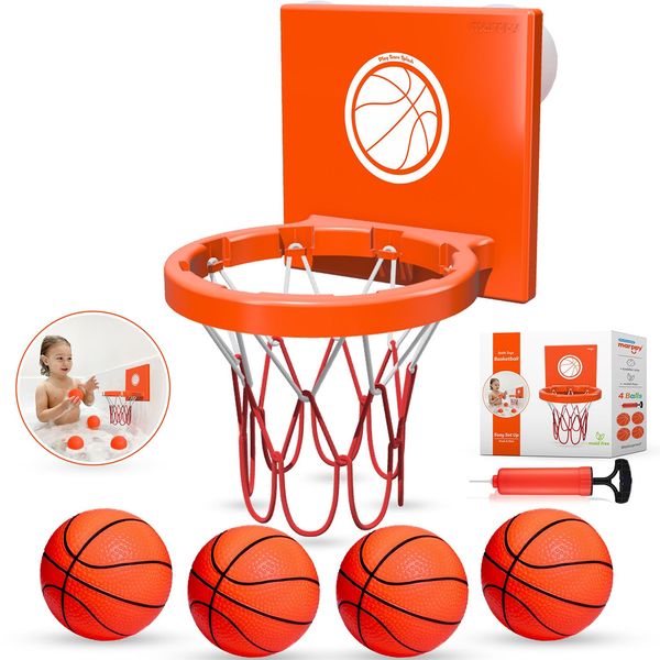 MARPPY Bath Toys - Bathtub Basketball Hoop for Kids, Toddlers - Suction Cup Basketball Hoop and 4 Soft and No Hole Balls - Baby & Toddler Bath Toys - Boys & Girls - Mini Basketball Hoop