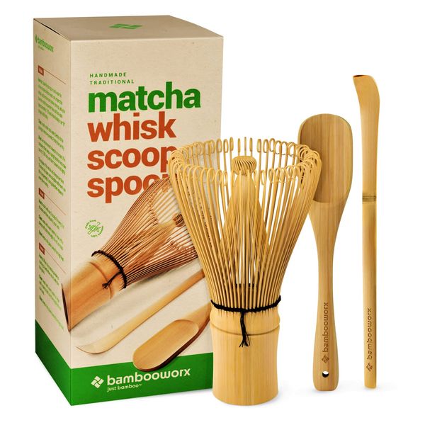 BambooWorx Matcha Whisk Set - Matcha Whisk (Chasen), Traditional Scoop (Chashaku), Tea Spoon. The Perfect Set to Prepare a Cup of Japanese Matcha Tea, Handmade from 100% Natural Bamboo