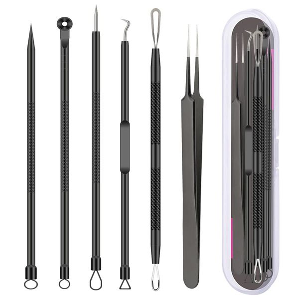 Pimple Popper Tool Kit, 6 Pcs Blackhead Remover Acne Needle Tools Set Removing Treatment Comedone Whitehead Popping Zit for Nose Face Skin Blemish Extractor Tool - Black