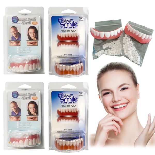 2 Pair Soft Denture Reline Kit, False Teeth Clip in Veneers Teeth Dentures Soft Dentures for Upper and Lower Jaw Snap on Dentures Natural Tones Silicone Denture Top and Bottom