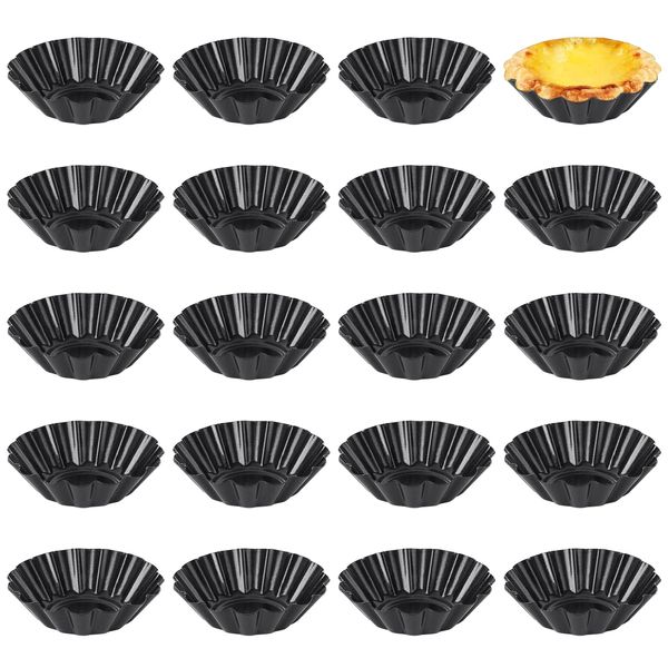 LOLYSIC 20Pcs Egg Tart Tins, 3 Inch Non Stick Egg Tart Molds, Carbon Steel Mini Cupcake Moulds Reusable Fluted Mini Tart Tins for Baking Cupcake Cake Muffin Minced Pie, Black