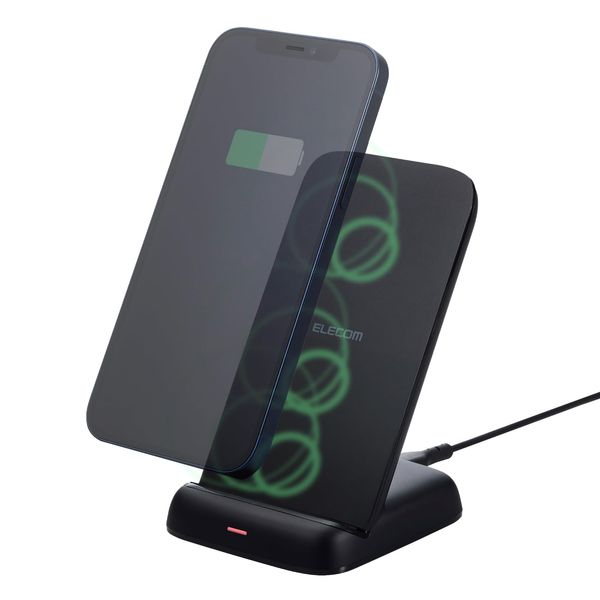 Elecom W-QS11BK Wireless Charger, Qi Standard Compatible, Maximum Output 12W, Stand Type, EPP Standard Compatible, 3 Coils, Black