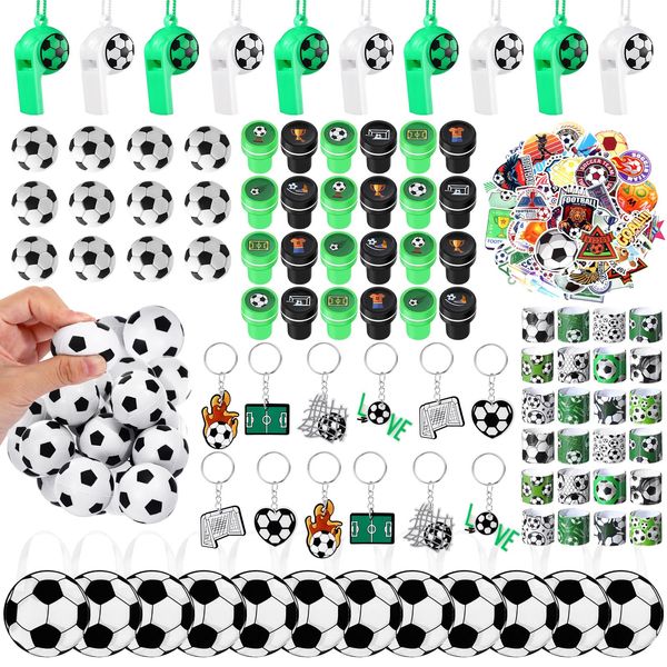 Aoriher 158 Pcs Soccer Party Favors Set Bulk Sport Non Woven Gift Bags Slap Bracelets Mini Bouncy Balls Toy Whistle Keychains Sticker Stampers for Sport Party Supplies(Soccer)