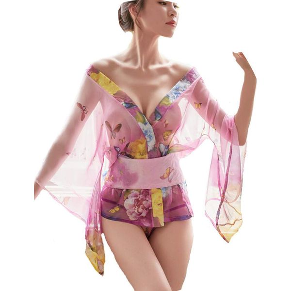 Sexy Kimono Dress, Oiran, Cosplay Costume, Lingerie, Costume, Women's, Japanese Style, Open Front, Kimono Miniskirt, Floral Pattern, Sheer, Thin, Ribbon Belt, Mini, Yukata, Cute, Nightdress, Party Cosplay (Pink)