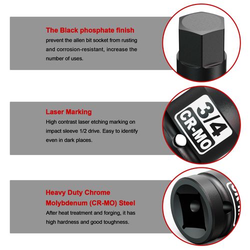 Aiourx 1/2" Drive Hex Bit SAE Socket H3/4 Inch, Allen Bit Socket, Premium Cr-Mo Steel, for Removing Loosening Hexagon Bolts