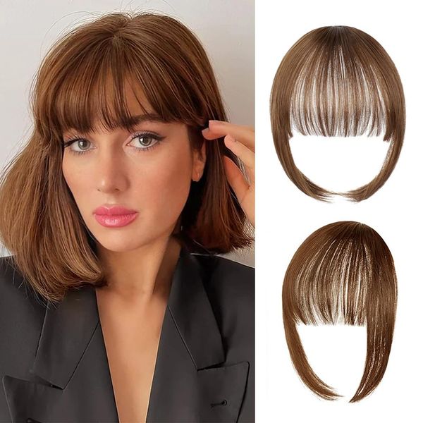 RPAEOY Clip in Bangs Echthaar Schläfen Remy Fringe Haarverlängerungen Pony Clip in Fransen Echthaarverlängerungen Fake Bangs One Piece Natürliches Hair Haarteil für Frauen (Hellbraun)