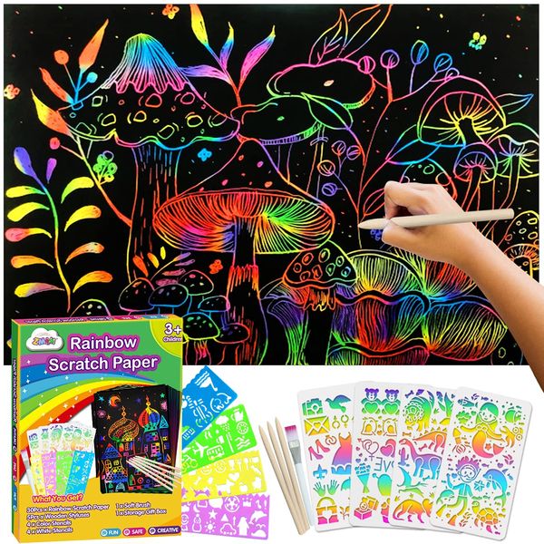 ZMLM Scratch Paper Art-Craft Kit: 11''x 8'' Big Sheets Magic Rainbow Drawing Board Kid Art Paper Pad Supply Toddler DIY Project Activity Toy Game for Teens Girls Boys Holiday Birthday Gift