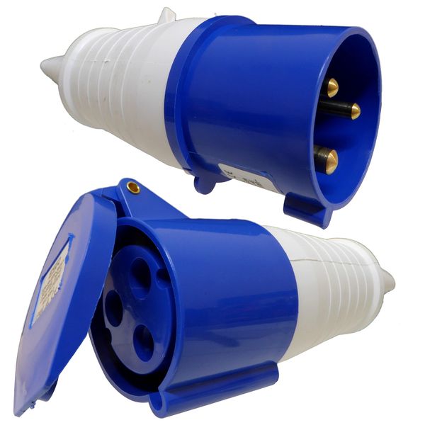 32 Amp 3 Pin 1 Phase 230V Plug and Coupler Set - Blue IP44 32A