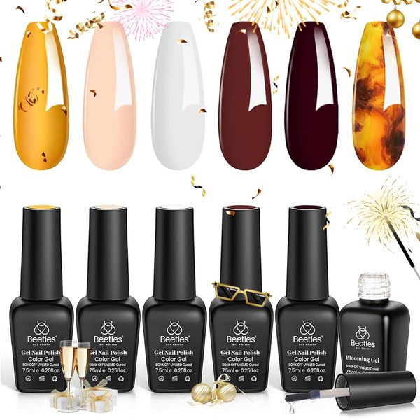 Beetles Gel Nail Polish with Blooming Gel Amber Attraction, 5 Colors Gel Polish White Burgundy Brown Gel Polish 1pcs Clear Blooming Gel Polish Fall Gel Nail Polish Soak Off Uv Nail Gel Nail Art