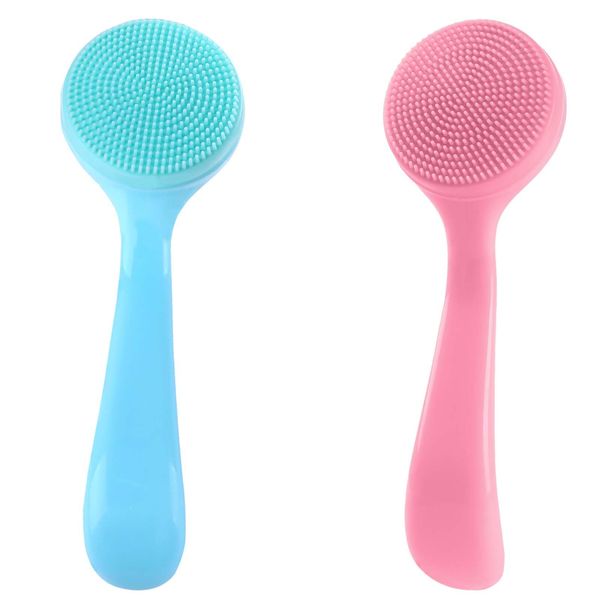 WLLHYF 2 Pack Manual Facial Cleansing Brush Soft Silicone Face Skin Scrubbers Scrub Pad Exfoliator Cleanser with PP Handle for Blackheads Whiteheads Removal (Blue and Pink)