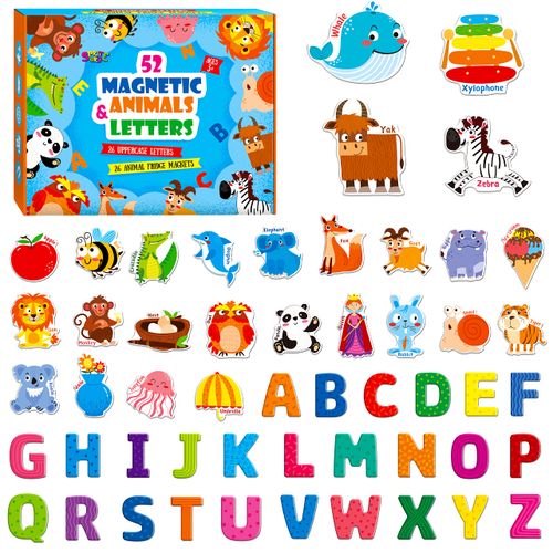 Large Magnetic Letters and Animals, Educational Learning Tool for Kids Word Recognition 52 Pieces Magnets Include 26 Colorful Alphabet Letters and Corresponding Cartoon Images