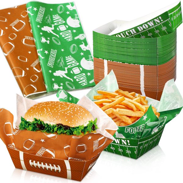 100 PCS Football Party Decoration 1.1 lb 50 Football Paper Food Trays Serving Boats with 50 Grease Resistant Liner Papers Waxed Deli Paper Sheets for Football Birthday Sport Game Party Favor Supplies