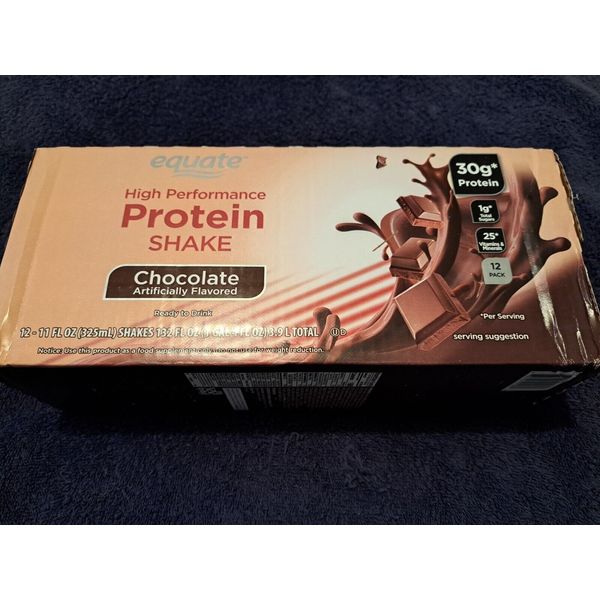 Equate High Performance Protein Shake, Chocolate, 11 fl oz, April 2024. Read des