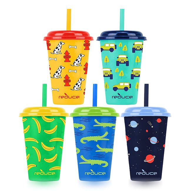 Reduce GoGo's 12 oz Cup Set, 5 Pack – Plastic Cups with Straws and Lids – Dishwasher Safe, BPA Free – 5 Fun Designs, Wild