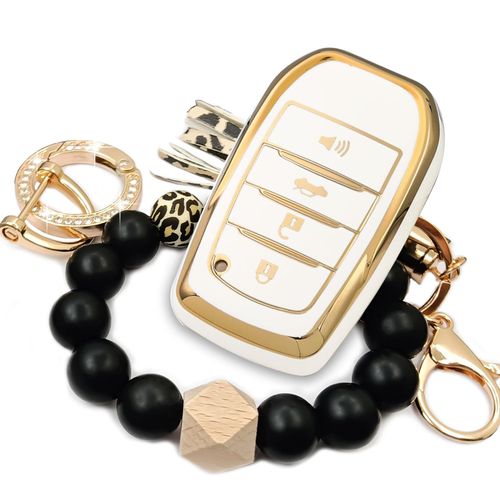 RFSRZ Fits for Toyota Key Fob Cover, Key Shell Case for 2019 2020 2021 2022 2023 2024 2025 Venza RAV4 Prime Sienna Land Cruiser Fortuner Mirai Grand Highlander Prius Collora, Bling Keychain (White)