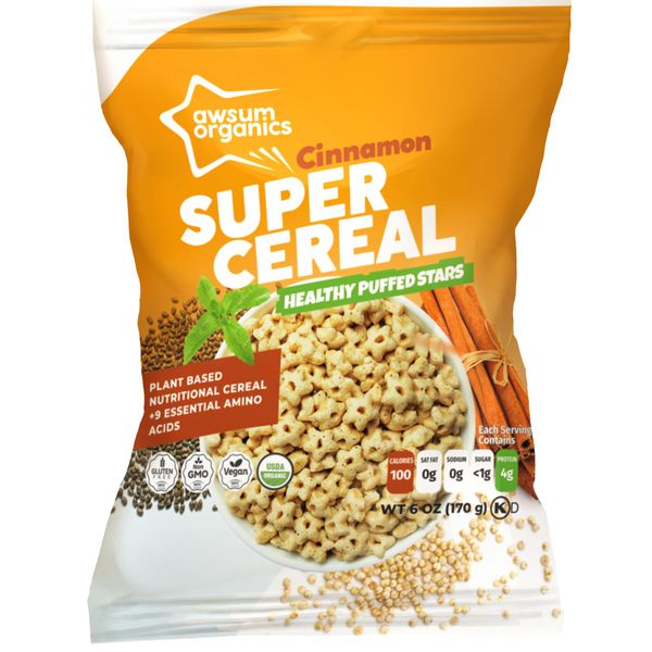 Awsum Snacks SUPERCEREAL with Cinnamon & Chia Seeds 6oz - Certified USDA Organic, Vegan, Gluten Free, Non GMO, Kosher Sugar Free Cereals - Diabetic Healthy Snack - Cereal Puffed.