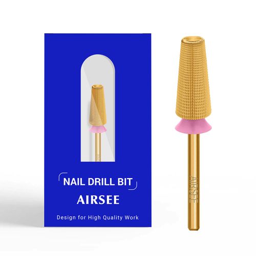 AIRSEE Tungsten Carbide 5 in 1 Acrylic Nail Drill Bit Efile Electric File Machine Head Tip for Manicure Polishing Fast Remove Gel 3/32" Shank 2 Way Professional Tech Use Gold TiN 2X Fine-2XF+3XF+4XF