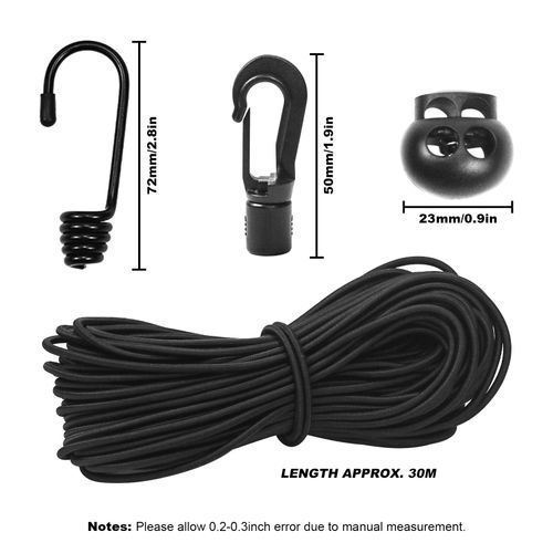3/16"Bungee Shock Cords with Hooks,98 Feet Elastic Nylon Cords Kayak Stretch String Rope for Bikes,Tie Downs,Boating,Camping,Cars,Sunshades,Fitness and Outdoor Enthusiasts(3/16 inch x 98 feet, Black)