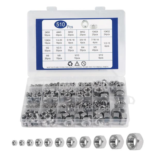 AOMIKITSTU Hardware Nuts 510pcs, 21 Models Hexagon Nut, Hex Nuts, Hex Nut Set Hardware for Classified Instruments
