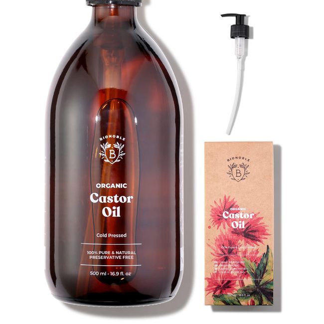 Bionoble Organic Castor Oil 500ml - 100% Pure, Natural and Cold Pressed - Lashes, Eyebrows, Body, Hair, Beard, Nails - Vegan and Cruelty Free - Glass Bottle + Pump