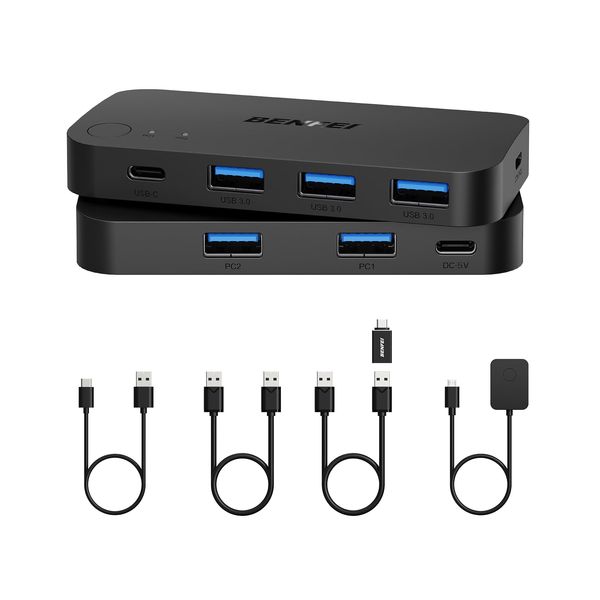 USB 3.0 Switch, USB Switcher Two Computers Share 3*USB 3.0 and 1*USB C with Remote Control for PC Mouse Keyboard Printer Scanner Compatible USB KVM Switch Selector for Windows, Mac, Linux