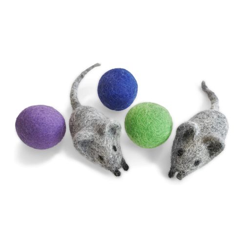 Earthtone Solutions Felt Wool Ball and Mouse Toys for Cats and Kittens, Adorable Colorful Soft Quiet Fabric Balls, Without Catnip, Handmade - for Cat Lovers, 2 Felt Mice 3 Felt Balls