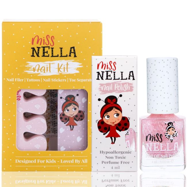 Miss Nella NAIL KIT & NAIL POLISH- kids Accessories set + Miss Nella Its Glitzy Hippo varnish- peel off polish, nail stickers, tattoos, nail filer & toe separators- designed foe children hands & toes