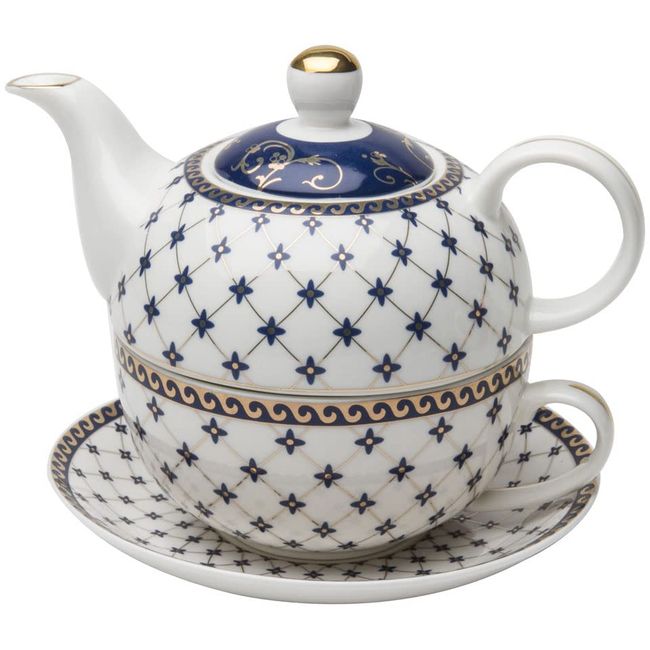 Grace Teaware Porcelain 4-Piece Tea For One (Trellis Blue Gold)