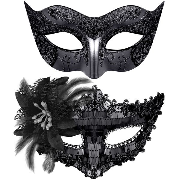 SIQUK Couple Masquerade Masks Sequins Venetian Party Mask Plastic Halloween Costume Mask Rhinestone Mardi Gras Mask for Couples Women and Men, Black