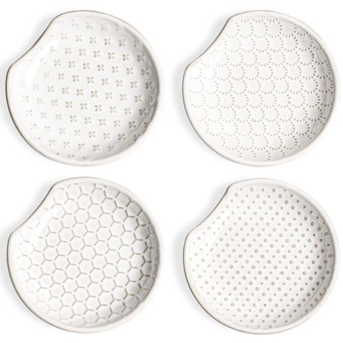 LE TAUCI Spoon Rest for Stove Top, Spoon Holder for Kitchen Counter, Embossment Housewarming Gift, Farmhouse Decor, Ceramic Accessories Utensil Rest - 4.8 inch, Set of 4, White