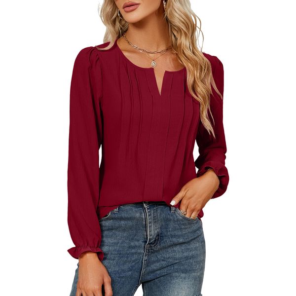 Blooming Jelly Womens Blouses Dressy Casual Elegant Long Sleeve Tops Fall Trendy Clothes(Medium,Red