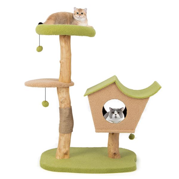 43" Tall Wooden Cat Tower with Jute Scratching Post, Cat Condo, Perch, Ball