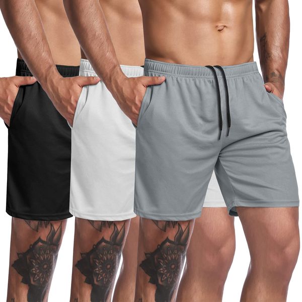 COOFANDY Men's 3 Pack Workout Shorts Quick Dry Gym Mesh Shorts Training Bodybuilding Jogger with Pocket,Black/White/Gray,Large