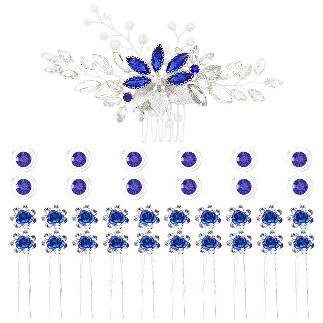 inSowni 33 Pack Royal Blue Rhinestone Pearl Crystal Flower Bridal Hair Side Combs Slides+Gems Spiral Hair Clips+U Shaped Hair Pins Wedding Headpieces Accessories for Women Girls Brides Bridesmaids