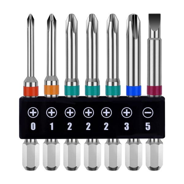 OIENNI Phillips Bit Screwdriver Bit Set, 7 Pieces, 2.6 inches (65 mm), Single Head, 0.25 inch (6.35 mm) Hex Shaft, Magnetic Driver Bit for PH0, PH1, PH2, PH3 Electric Screwdriver (65 mm 7 Pcs)