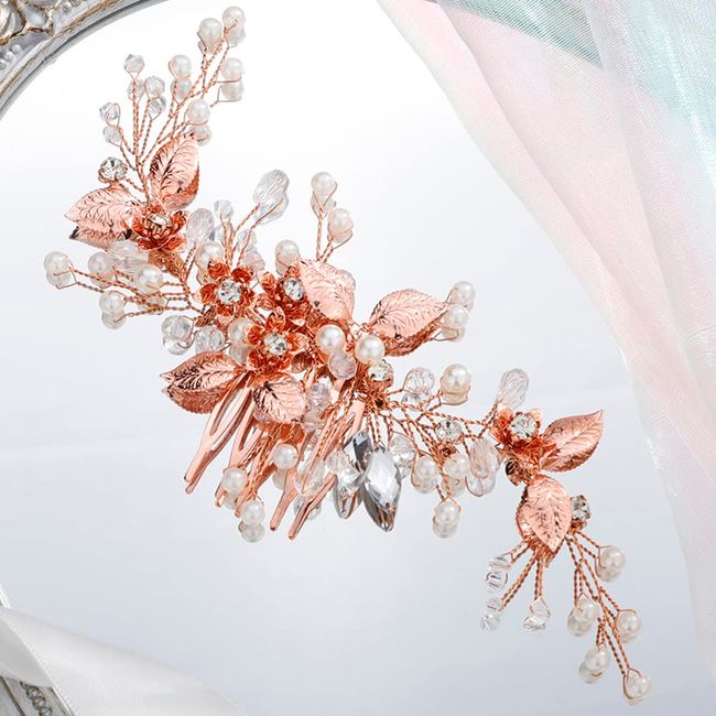 Chargances Bridal Pearl Leaf Hair Comb Wedding Rose Gold Crystal Beaded Hair Vine Comb Fashion Flower Rhinestone Handmade Hair Accessory Dainty Head Piece for Women Bridesmaid Girls (Rose Gold)