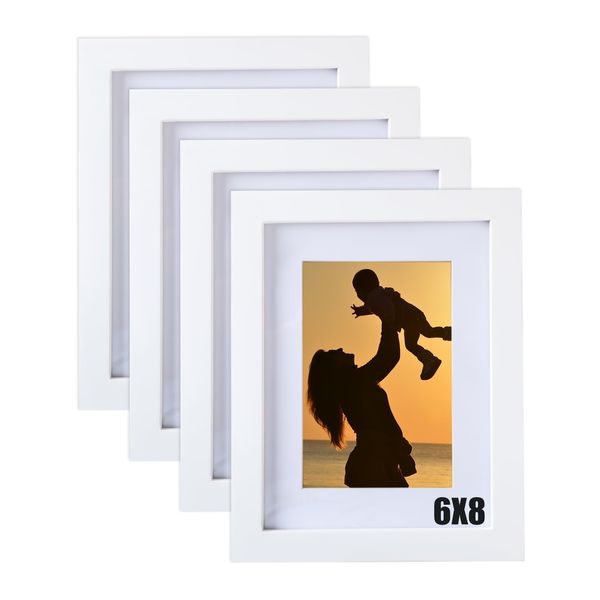 Ray & Chow 6x8 Picture Frames Set of 4,Made of Solid Wood and Real Glass,Matted for 4x6 Photos or 6x8 without Mat,Tabletop and Wall Mount,White