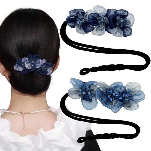 2 PACK Blue Flowers Rhinestone Hair Bun Maker, Elegant Lazy Hair Curler, Crystal Hair Bun Maker, French Hairstyle Twist Bun Maker, Elegant Hair Accessories For Women Girls